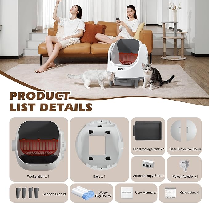 Grepatio Automatic Cat Litter Box for Multiple Cat, Open-Top Self Cleaning Cat Litter Box with APP Control, Safe Anti-Pinch, Weight Monitoring, Litter Box Include Scent Cartridge, 2-Roll Garbage Bags