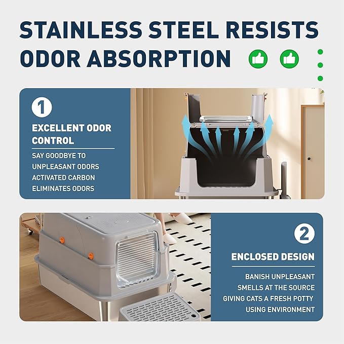 Stainless Steel Cat Litter Box - Gray High-Sided Enclosed Design, Anti-Leak, Reduces-Odors, Non-Sticky, Easy to Clean, Metal Cat Litter Box, High Side Includes Scoop and Steps, Large Capacity