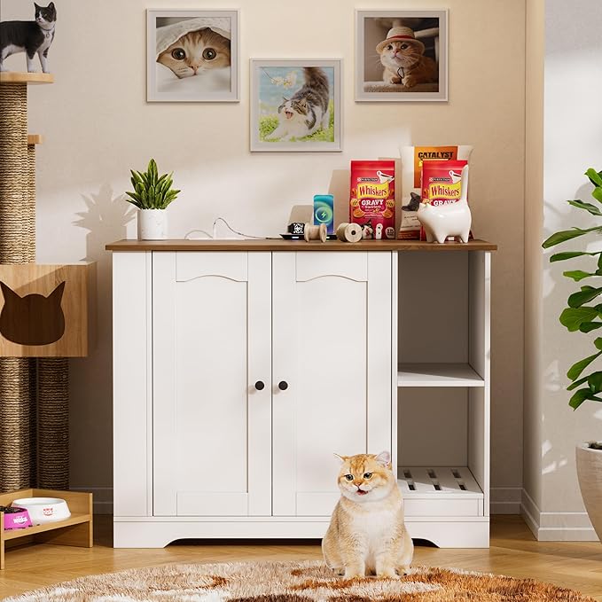 KCRET Cat Litter Enclosure with Litter Collector, Furniture for Self-Cleaning Litter Box, Large Hidden Litter Box Furniture with Charging Station Wooden Cat House