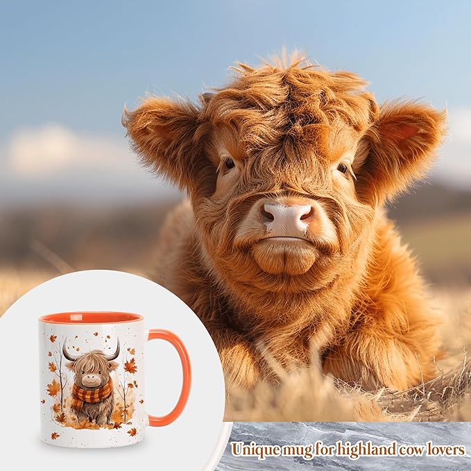 Hyturtle Fall Highland Cow Maple Leaves Coffee Mug - Birthday Gifts For Cow Lovers - Fall Autumn Decor Gifts For Farmhouse Thanksgiving - Highland Cows Gift - 11oz White Ceramic Coffee Tea Mug