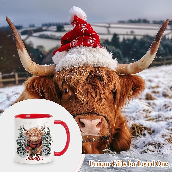 Hyturtle Personalized Winter Highland Cow Coffee Mug - Birthday Christmas Gifts For Cow Lovers - Cute Cows Gifts For Boys Girls Women - Highland Cows 11oz Two Tone Color Red/White Ceramic Tea Mug Cup