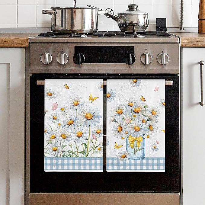 Hexagram Daisy Kitchen Towels Set of 2, Daisy Decor Gifts for Women, Funny Cute Housewarming Dish Hand Towels for Home Kitchen Decor