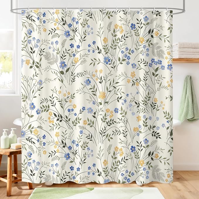 Country Wildflower Cute Shower Curtain,Blue and Yellow Floral Green Leaf Plant Spring Summer Botanical Plant Pattern, Waterproof Polyester Washable Bath Curtains with 12 Hooks,72 x 72 Inches
