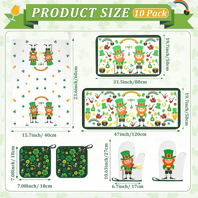 10 PCS Green Kitchen Decor Accessories Sets Shamrock Lucky Clover Kitchen Towels Green Elf Oven Mitts Pot Holders Rug Mat Decoration for Cooking Baking Bathroom Home Camp Spring Gift
