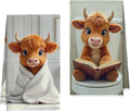 Bath Towels Set of 2, Cute Highland Cattle Dish Towel for Bathroom Spa Washroom, Western Calf Fast Drying Decorative Hand Towels, Farmhouse Housewarming Xmas Gifts for Women Mom -B22