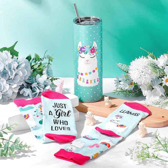 Funnymoom 2 Pack Cute Llama Gifts Set Skinny Tumbler 20 oz Travel Coffee Mug Novelty Cute Animals Socks, Christmas Birthday Party Gifts for Llama Themed