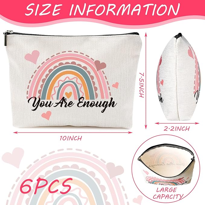 Chengu 6 Pcs Big Canvas Rainbow Heart Cosmetic Bags, 10 x 7.5 inch Inspirational Gifts for Women Motivational Quotes Makeup Bag for Women Girls Birthday Friend Teacher Graduation Gift (Sweet)