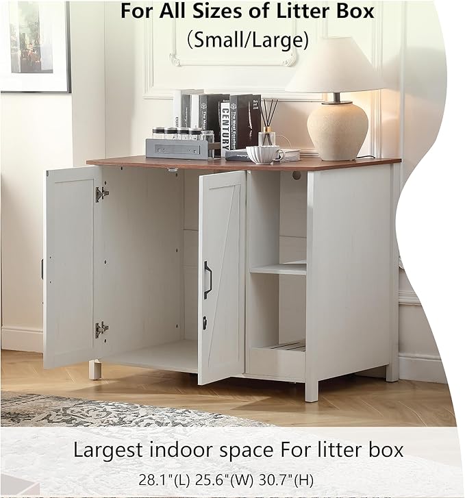 Large Cat Litter Enclosure with Litter Collector, Enclosure for self-Cleaning Litter Boxes,Adjustable Shelf for Dog Proof,Outlet,Locks Added for cat,Cat Washroom Cabinet,Antique White