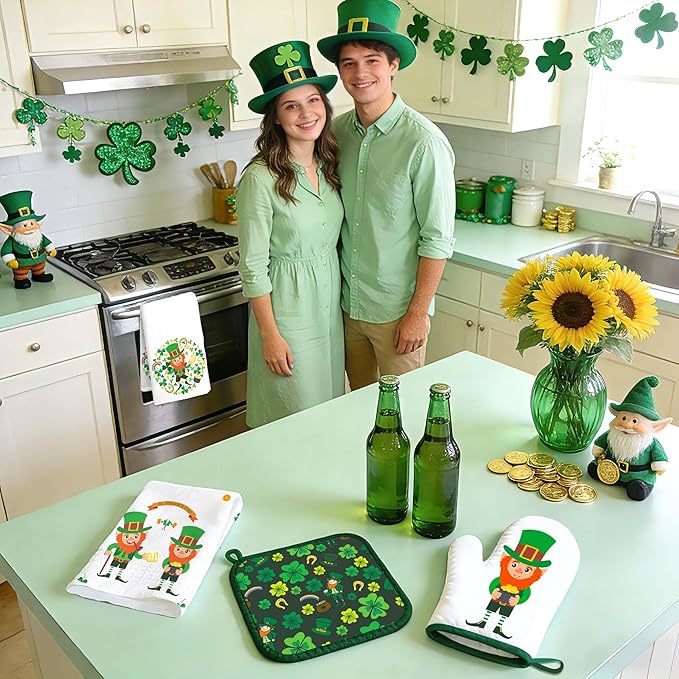 10 PCS Green Kitchen Decor Accessories Sets Shamrock Lucky Clover Kitchen Towels Green Elf Oven Mitts Pot Holders Rug Mat Decoration for Cooking Baking Bathroom Home Camp Spring Gift