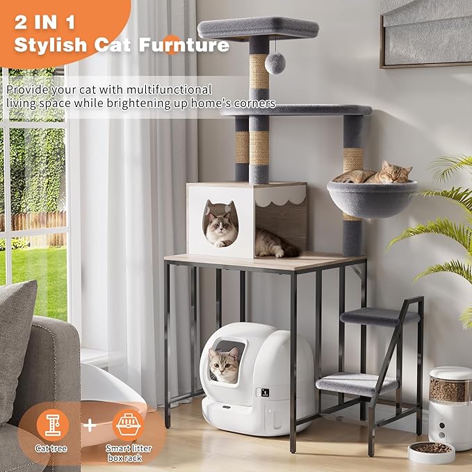 HavenlyYouth Cat Tree for Self-Cleaning Litter Box, 67.3''H Multi-Level Cat Tower for Automatic Litter Box 28.9H*24.1''L*21.1''D, Cat Tree Furniture with Perch and Cozy, Light Gray