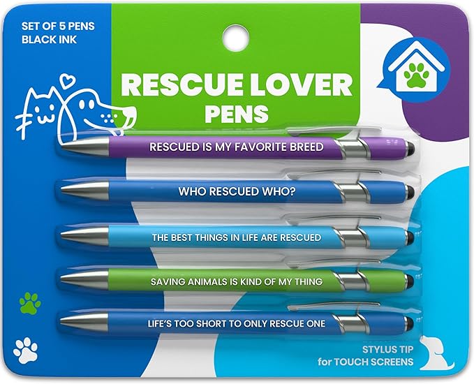 Funny Cat & Dog Rescue Lover Gift Pen Set – 5 Black Ink Ballpoint Pens with Stylus Tip & Quality Metal Barrel with Fun Quotes - Gifts for Dog Moms, Cat Lovers, Animal Advocates, Fosters & Volunteers