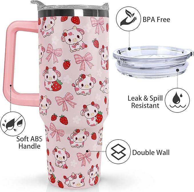 Ceovfoi 40 Oz Strawberry Cow Tumbler With Handle,Cow Print Coffee Travel Mug Cup Water Bottle,Strawberry Decor, Cow Print Gifts for Women