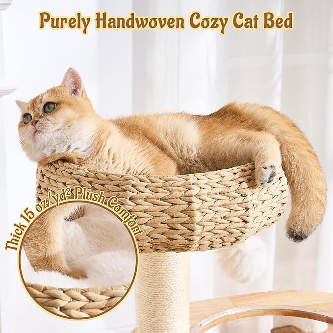 38" Modern Cat Tree Tower for Indoor Cats, Solid Wood Cat Furniture with Handwoven Rattan Basket Bed & Cave, Capsule Nest, Sisal Scratching Posts and Self-Groomer, Space-Saving Cat Condo