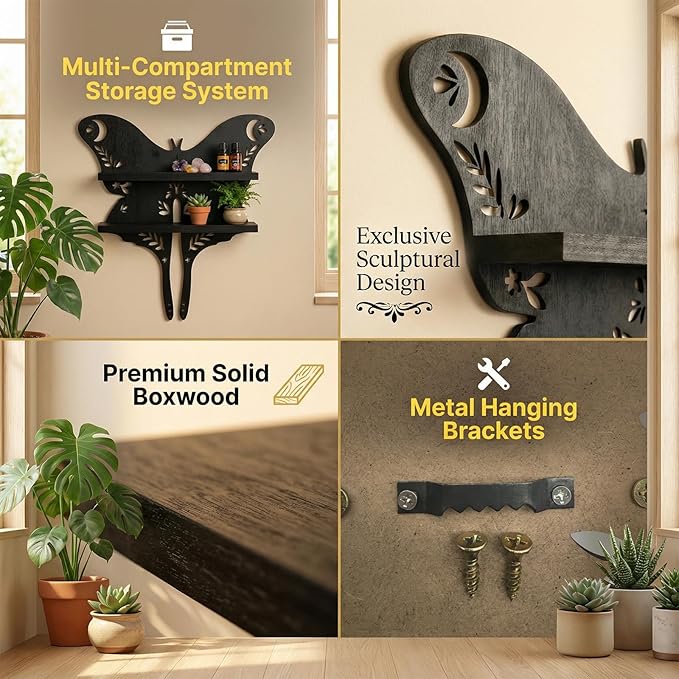 Crystal Display Shelf Wall Moon Shelves Luna Moth Hamsa Hand Holder Floating Wall Mounted Decorative Crystal Shelf (Moth-15 * 10.8inch/38.5 * 27.5cm)