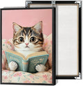 Funky Cute Cats Reading Books Canvas Wall Art Funny Pet Cat Animal Poster Trendy Pink Flower Wall Decor Cat Lovers Prints Painting For Home Bedroom Kids Room Dorm Wall Decor 12x16in Framed