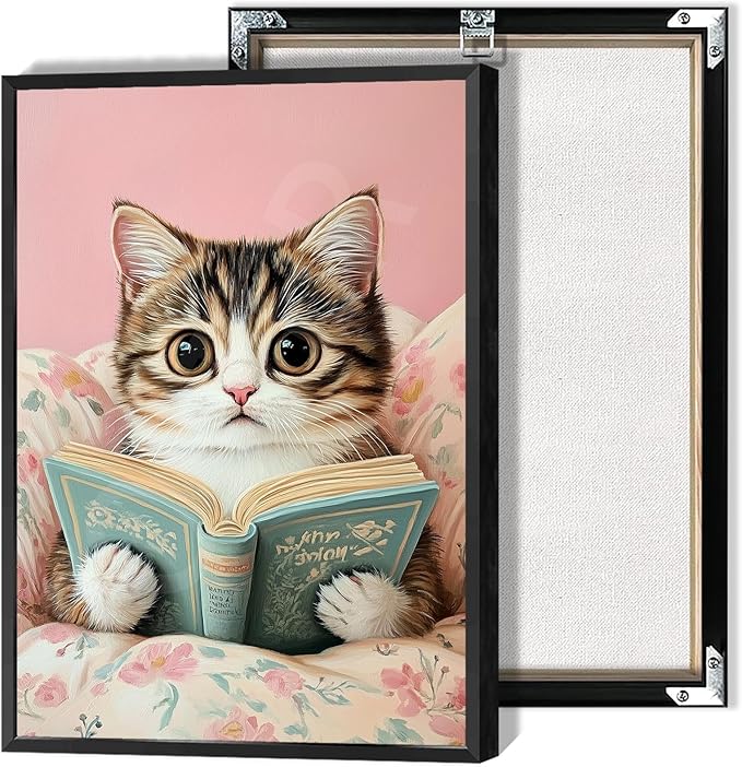 Funky Cute Cats Reading Books Canvas Wall Art Funny Pet Cat Animal Poster Trendy Pink Flower Wall Decor Cat Lovers Prints Painting For Home Bedroom Kids Room Dorm Wall Decor 8x12in Framed