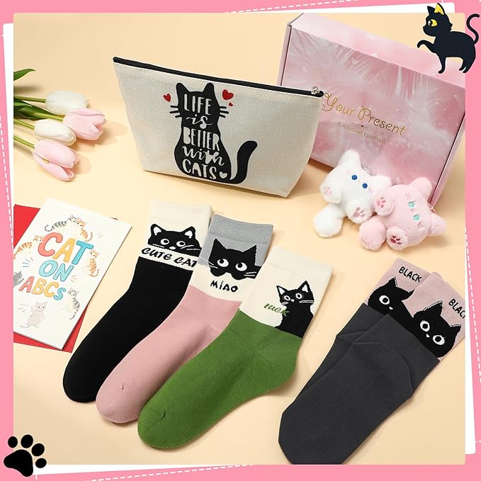 Cat Lover Gifts for Women Cute Cotton Cat Socks with Makeup bag Keychains Greeting cards for Birthday Mother's Day