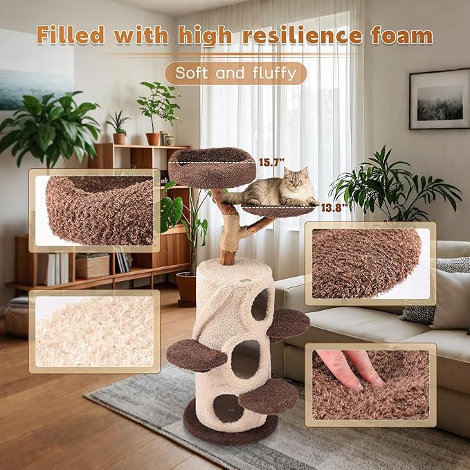 Modern Cat Tree for Indoor Cats,54.7'' Tall Luxury Treehouse Cat Tower with Wood Scratching Posts for Decoration,3 Level Condo with Soft Perchs,Viewing Bed,Heavy Duty Wide Base for Small Large Cats