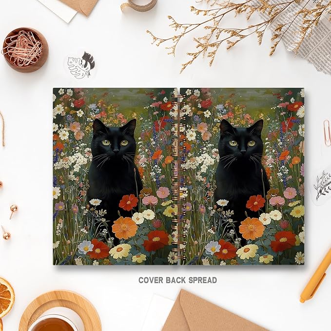 Vintage Moody Floral Black Cat Notebook, Cottagecore Wildflower Black Kitty Journal for Writing, Witchy Cat Office Supplies, Spiral Notebook 5.5x8.3 Inch