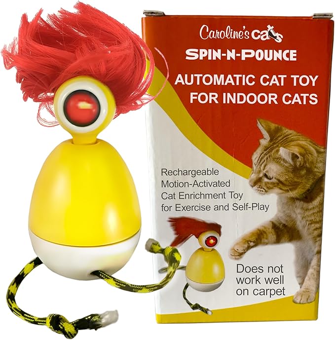 Caroline's Cats Automatic Cat Toy - Rechargeable Spin-N-Pounce with Touch Sensor, Silent Motor, 360-Degree Rotation, Interactive Kitten Toys for Indoor Cats, Encourages Self-Play and Exercise