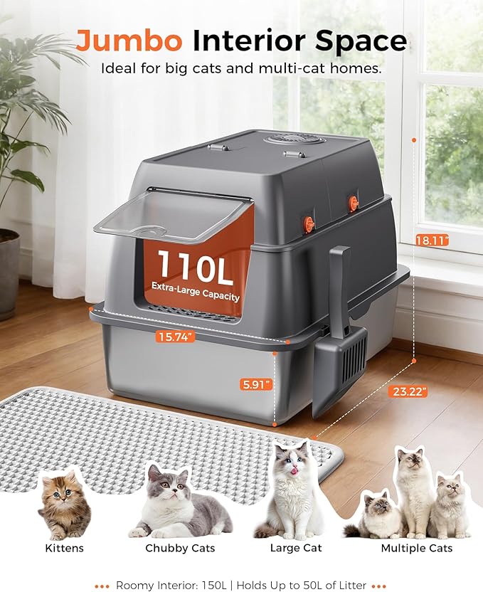 GTPLAYER XXL Stainless Steel Cat Litter Box with Lid, High Sided Enclosed Cat Litter Box, Activated Carbon Odor Control, Extra Large Metal Litter Box, Anti-Leak, with Mat & Scoop, Cheeky Kitty