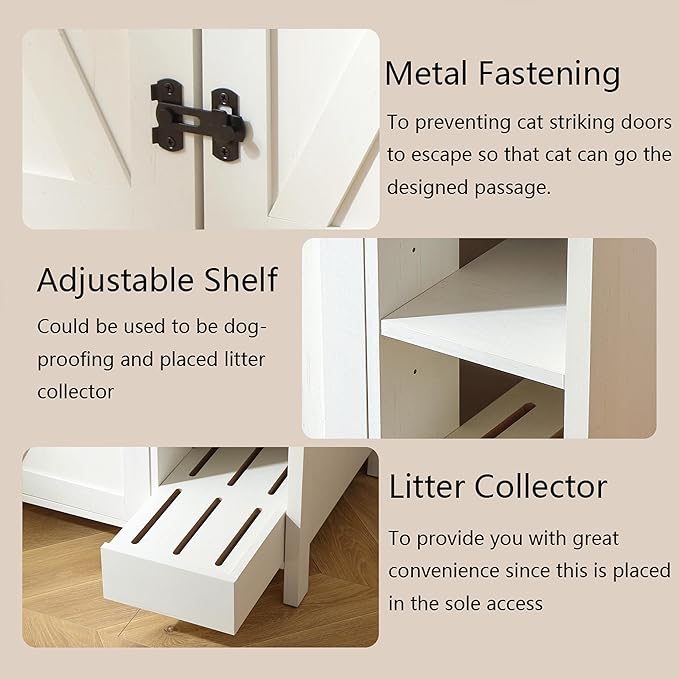 41.3'' Cat Litter Box Enclosure,Adjustable Shelf for Dog Proof and Storage,Locks Added for Cat,Litter Collector,Modern Indoor Cat Washroom Cabinet,Antique White