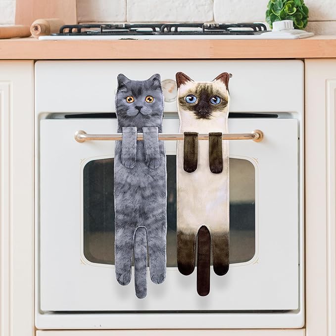 Funny Hand Towels for Bathroom Kitchen Decor - Cute Cat Hanging Hand Towel Kitchen Gadgets - Unique Housewarming Birthday Christmas Cat Lover Gift Ideas for Women Mom Lady Adults