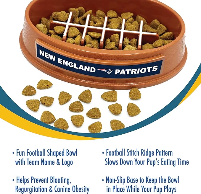 NFL Super-Bowl - New England Patriots Slow Feeder Dog Bowl. Football Design for Healthy Digestion. Non-Slip Pet Dish for Large & Small Dogs & Cats