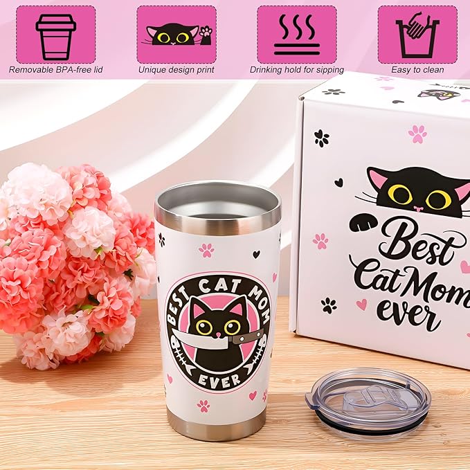 6 Pcs Cat Mom Gifts for Women Include Cute Cat Beanie 20 Oz Tumbler Greeting Cards Keychain Storage Bag Gift box for Birthdays Mother's Day Christmas