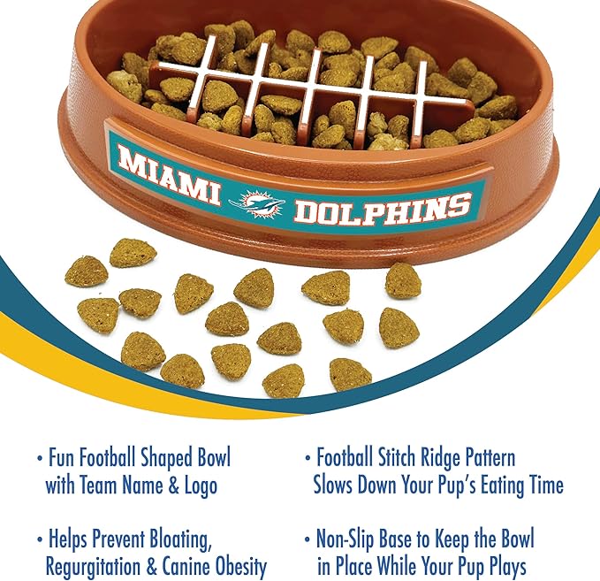 NFL Super-Bowl - Miami Dolphins Slow Feeder Dog Bowl. Football Design Slow Feeding Cat Bowl for Healthy Digestion. Non-Slip Pet Bowl for Large & Small Dogs & Cats