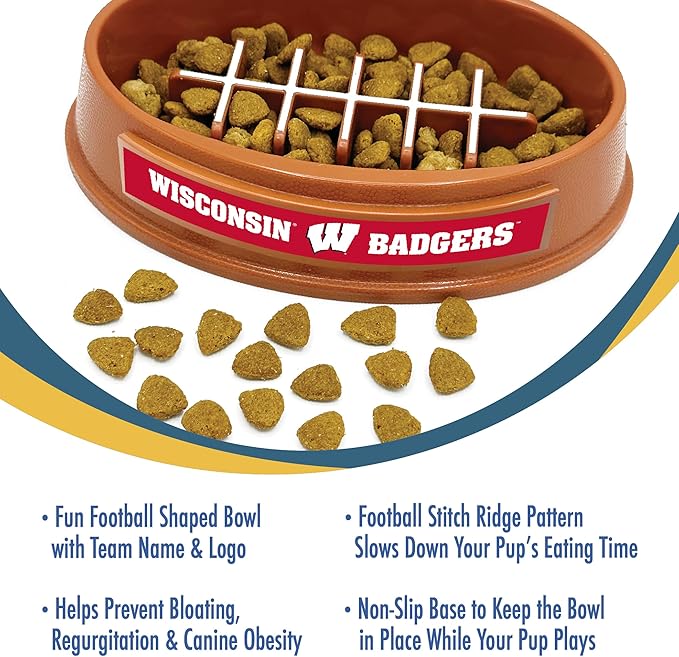 NCAA Super-Bowl - Wisconsin Badgers Slow Feeder Dog Bowl. Football Design Slow Feeding Cat Bowl for Healthy Digestion. Non-Slip Pet Bowl for Large & Small Dogs & Cats
