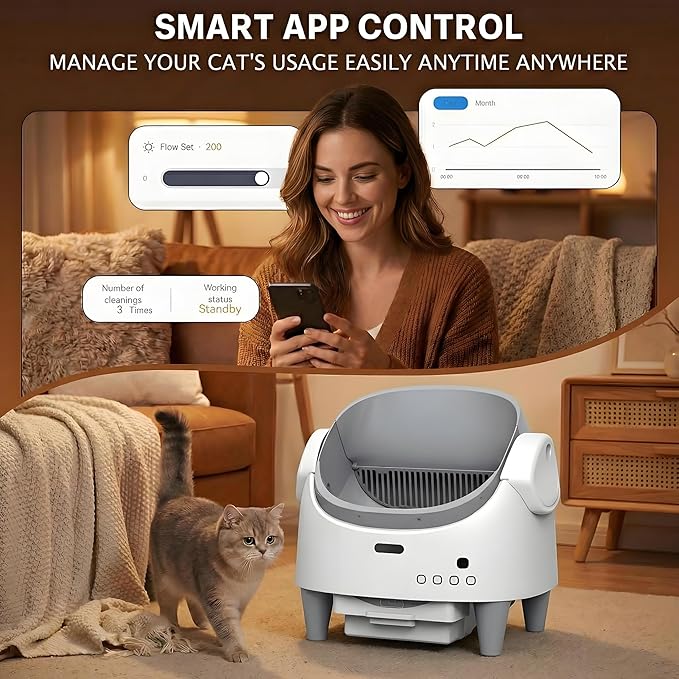 Open-Top Automatic Cat Litter Box, Self Cleaning Cat Litter Box with App Control & Weight Monitoring, 10.5L Large Capacity for Multiple Cats, Ultra-Quiet & Odor Control, 1 Rolls Refill Bags Included