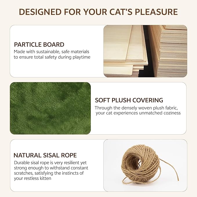 Cat Wall Shelves, Wall Mounted Cat Shelf Furniture with Plush Fabric (9 Piece Set), Cats Furniture with Condos, House, Steps, Bridge Ladder, Scratching Post, Green
