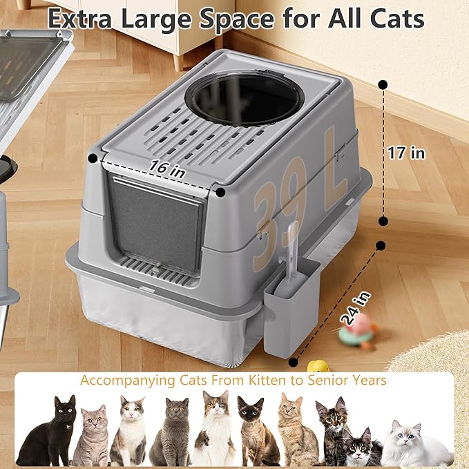 Ultimate Stainless Steel Litter Box with Lid - XXL Enclosed Anti-Leak Design for Big Cats, Non-Stick Easy Clean Metal Litter Box System with Scoop Set, High-Sided Urine Protection, Sleek Grey