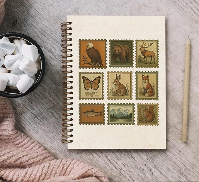 KDHTY Vintage Cottagecore Notebook Journal Postal Stamp Animal Journal Notebook,Fox Fish Notebooks College Ruled for Office School Classroom,Funny Notebook Office Supplies Gifts,5.5 x 8.3
