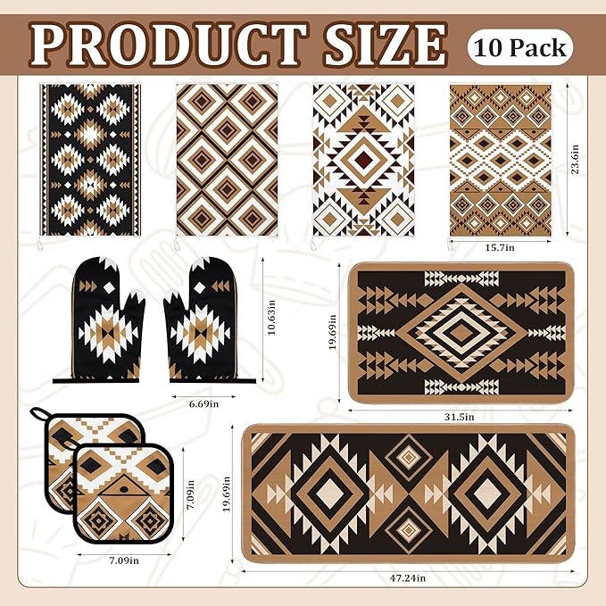10 Pcs Western Aztec Kitchen Decor and Accessories Set 4 Kitchen Dish Towels 2 Pot Holders 2 Oven Mitts 2 Rugs for Floor Home Decorations Cooking Baking Mom Daughter Gifts Black White Brown