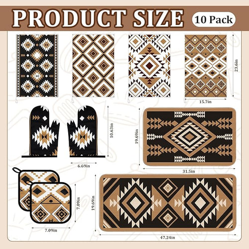10 Pcs Western Aztec Kitchen Decor and Accessories Set 4 Kitchen Dish Towels 2 Pot Holders 2 Oven Mitts 2 Rugs for Floor Home Decorations Cooking Baking Mom Daughter Gifts Black White Brown