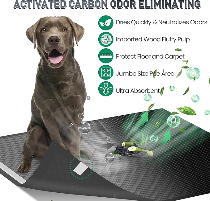 Boscute Charcoal Super Absorbency Puppy Pads, Activated Carbon Odor-Control XL 28"x34" Leak-Proof Pet Training Pee Pads, Disposable Potty Pads for Dogs Cats, Rabbits 45Counts