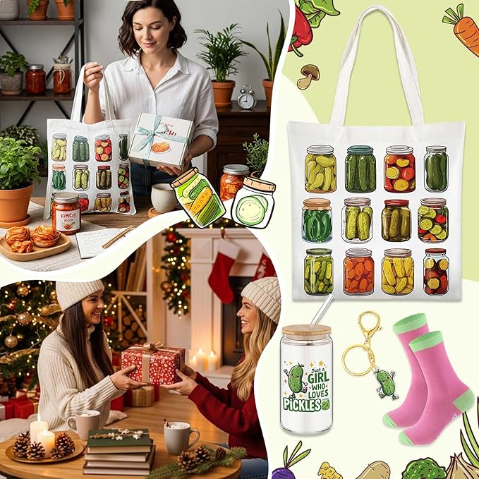Paterr 4 Pcs Pickle Gifts for Women Pickle Themed Gift for Mother's Day Birthday Party Decorations, with Canvas Tote Bag 16oz Glass Coffee Cup with Straw Socks Cute Keychain