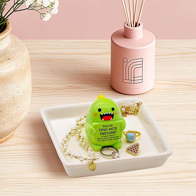 PUDDING CABIN Funny Birthday Gifts for Women Dinosaur Ring Holder Dish for Rings Earrings Necklace Bracelets Jewelry Organizer Cute Room Decor, Mothers Day Gift for Mom Friendship Christams