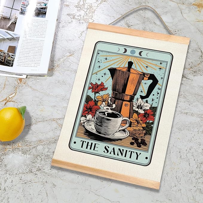 HEYJEEPER The Sanity Tarot Card Wall Art, 14x18inch Vintage CoffeePot and Floral Linen Poster,Boho Wall Hanging Decor for Kichen,Coffee Bar,Cafe Shop,or Office,Coffee Lovers Gift(The sanity)