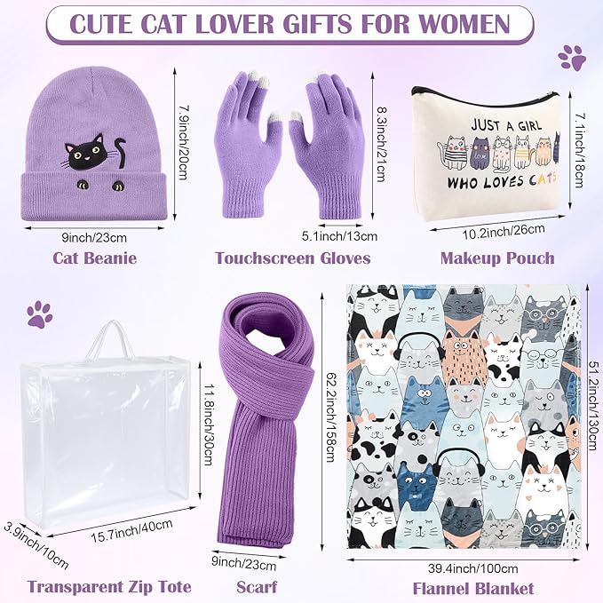 Mepase 6 Pcs Winter Cat Gifts Set for Women Birthday Include Cat Beanie, Scarf, Touchscreen Gloves, Flannel Throw Blanket Makeup Pouch and Transparent Zip Tote Purple Knit Valentine Gift Accessories