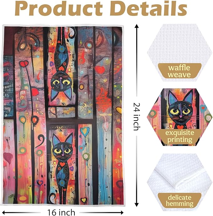 Abstract Cat Kitchen Towels Set - Funny Cat Gitfs Waffle Decorative Dish Towels, Funny Abstract Kitten Hand Towel, Tea Towel, 16x24 Inch