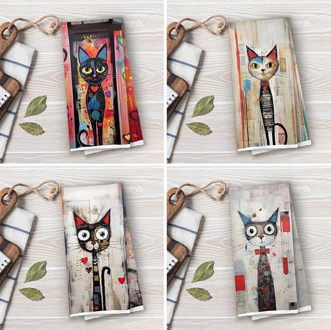 Abstract Cat Kitchen Towels Set - Funny Cat Gitfs Waffle Decorative Dish Towels, Funny Abstract Kitten Hand Towel, Tea Towel, 16x24 Inch