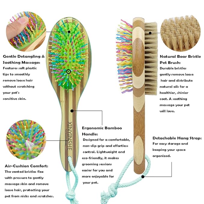 2-in-1 Double Sided Dog Brush for Shedding - Cat Brush with Real Boar Bristle & Pins, Bamboo Handle Pet Grooming Brush for Long and Short Hair, Removes Loose Fur, Tangles, Dead Undercoat and Dirt