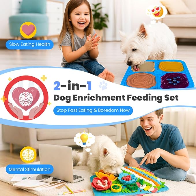 PETCARE Dog Snuffle Mat and Lick Mat Set, Interactive Enrichment Dog Puzzle Toy for Puppy Small Dogs Cats Rabbits, Cognitive Sniff Foraging Mats Mental Stimulation Treat Game Slow Feeder Mats