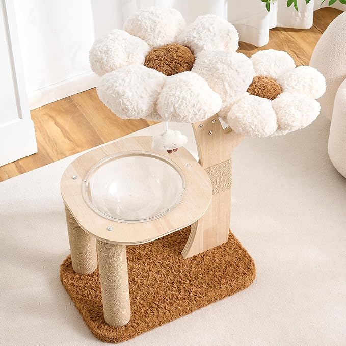 HITTITE Flower Cat Tree with Scratching Post, 36 Inches Cute Cat Tower with Wooden Branch Design, Modern Cat Climbing Tower with Flower Perches and Space Capsule for Indoor Cats Large Adult. White