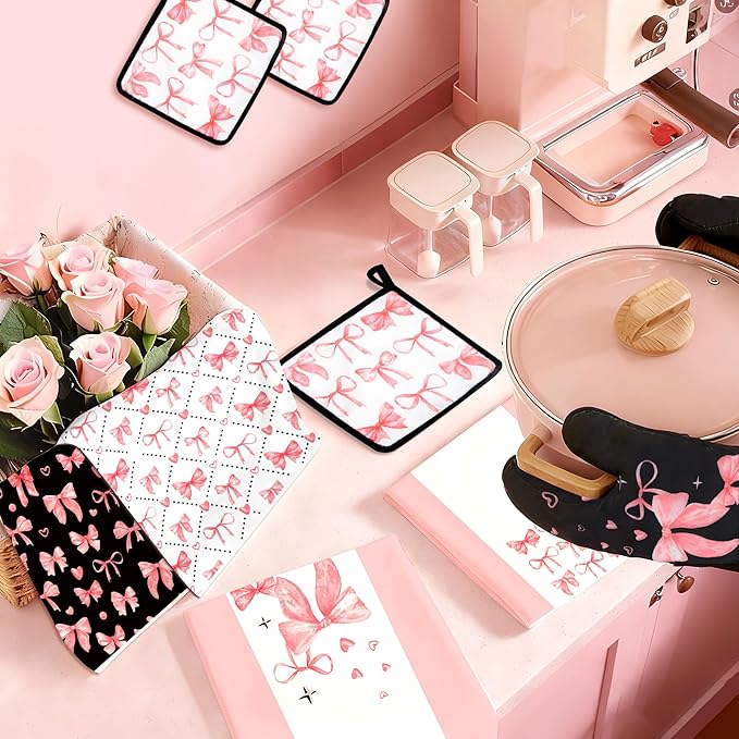 10 Pcs Cute Pink Bow Kitchen Decor and Accessories - Valentines Day Sets 4 Dish Towels 2 Pot Holders 2 Oven Mitts 2 Rugs for Kitchen Bathroom Home Cooking Housewarming Baking Daughter Mom Gift