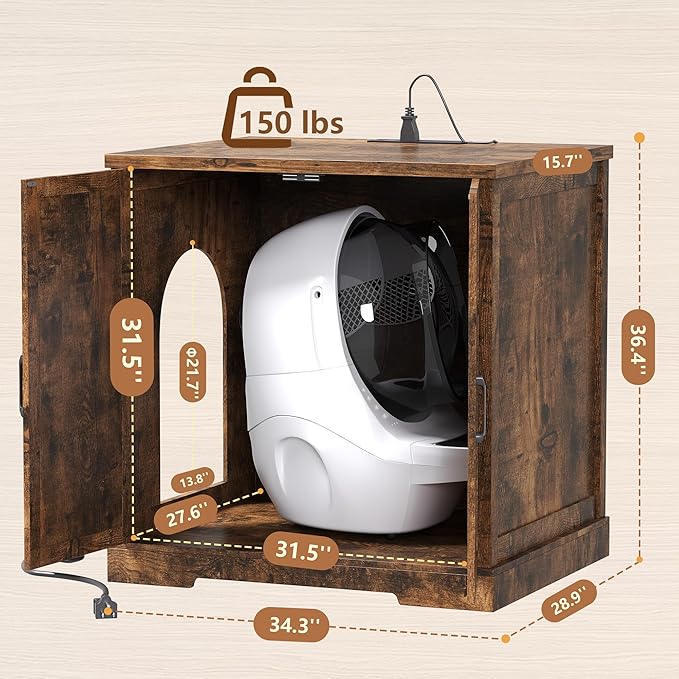 Hey-brother Enclosure for Self Cleaning Cat Litter Box, Large Hidden Litter Box Furniture with Charging Station, Suitable for Automatic Cats Litter Boxes and Robot, Vintage, Rustic Brown JCLB004SR