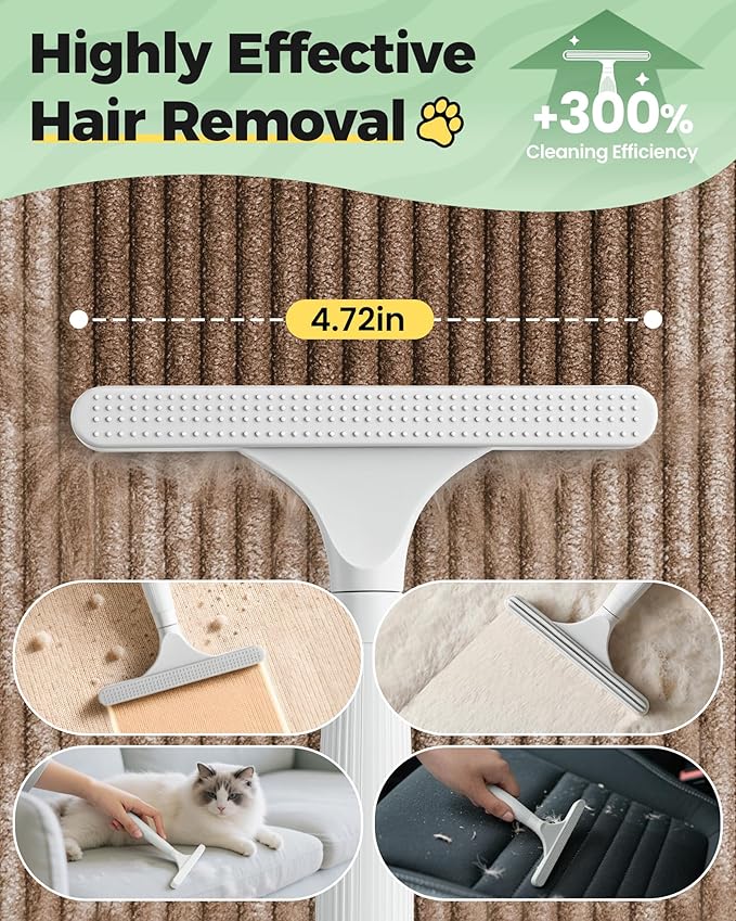 Carpet Rake for Pet Hair Removal Tool - 4 in 1 Pet Hair Remover Kit for Dog Cat Fur Remover, Contain 60" Adjustable Rubber Broom, Glove, Magic Brush and Scraper for Home Furniture, Rugs (Light Grey)